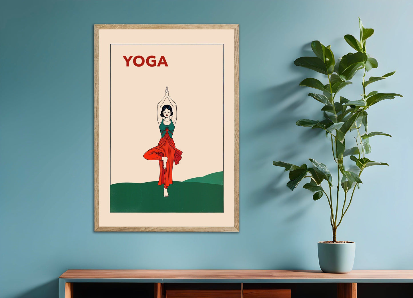 Poster of Yoga poster, tree pose, with natural wooden frame