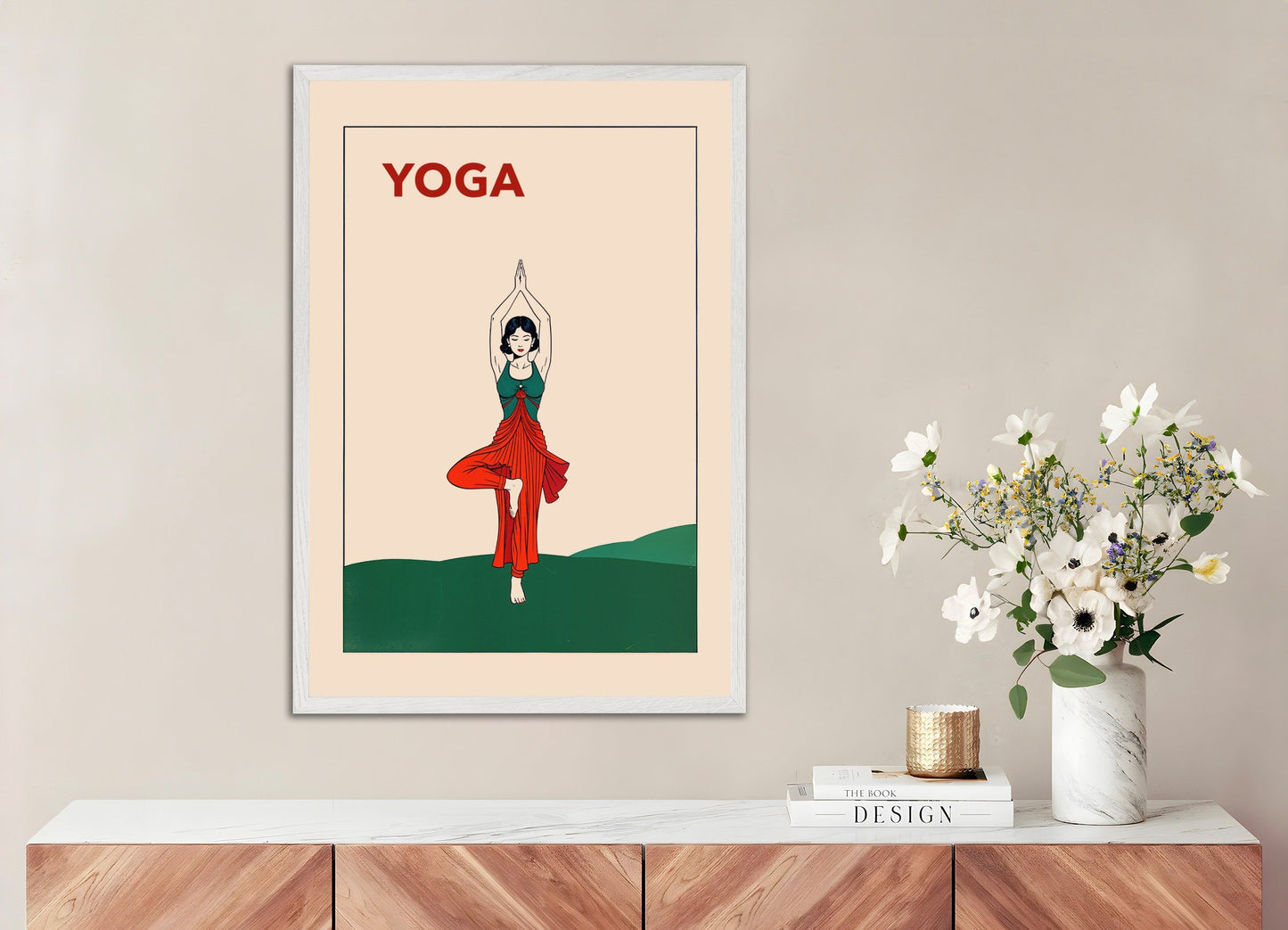 Poster of Yoga poster, tree pose, with white wooden frame