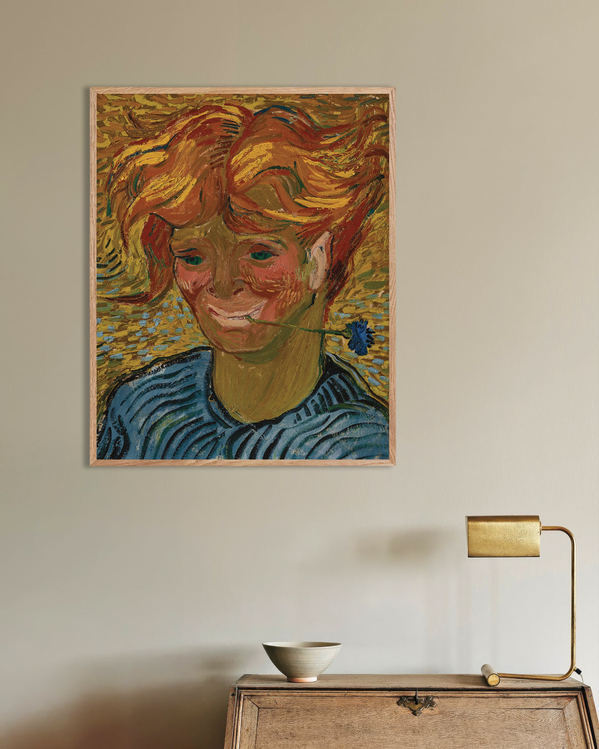 Poster of Young Man with a Cornflower (1890) by Vincent van Gogh, with natural wooden frame