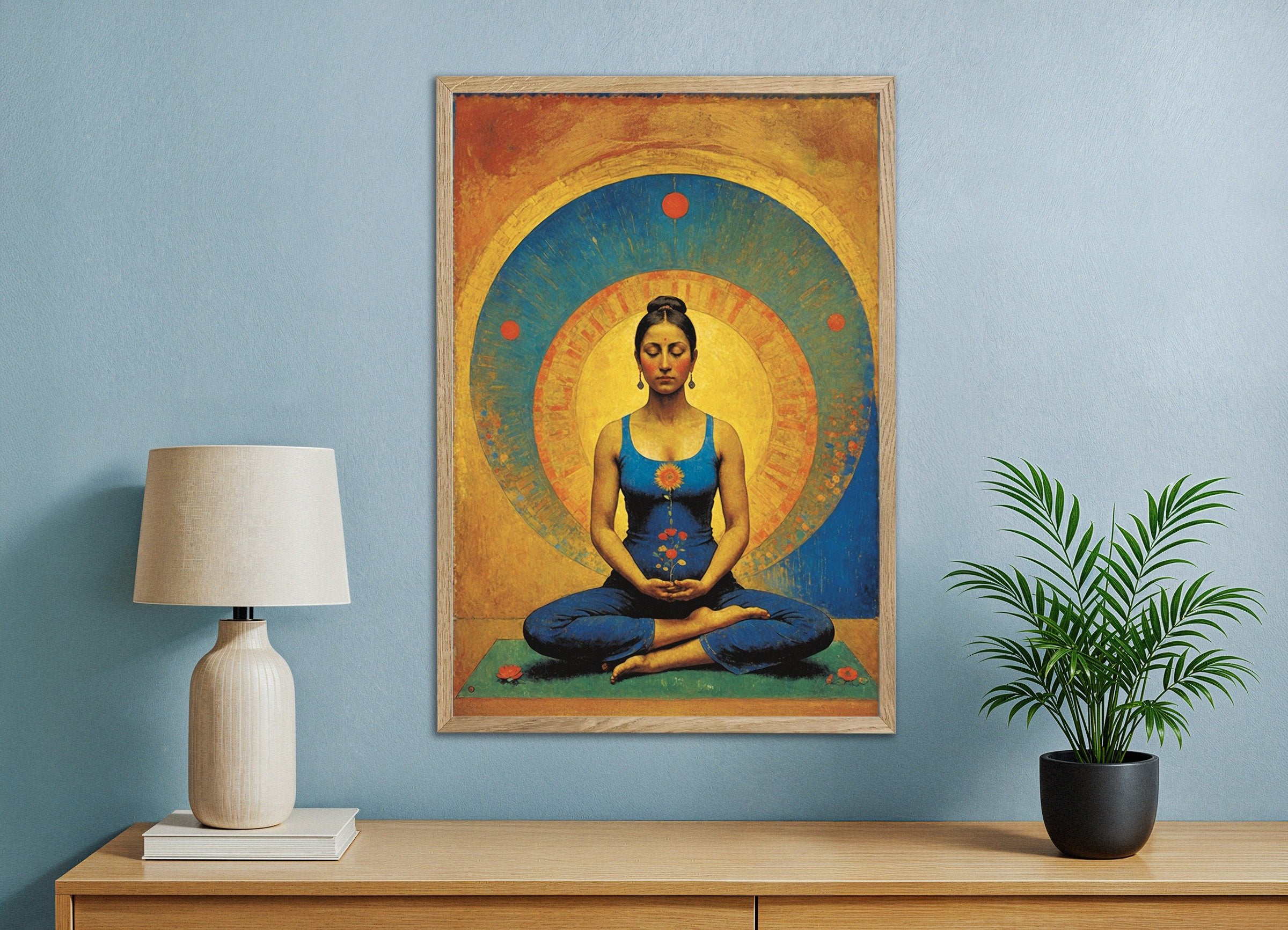 Zen meditation poster with wooden frame.